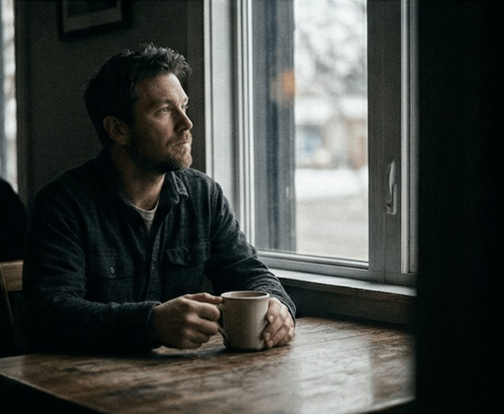 Alleen aan tafel na een tegenslag — de stilte waarin veerkracht begint