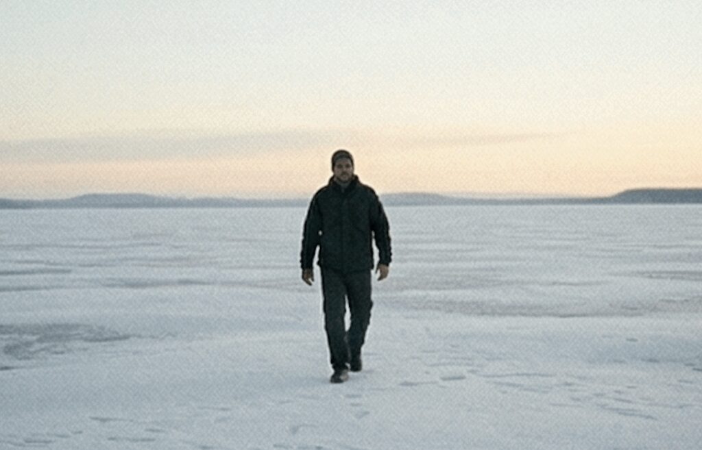 Man loopt ontspannen over bevroren meer — het referentiekader is gegroeid