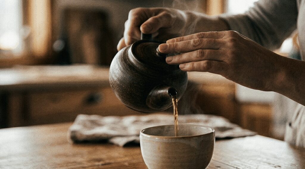 Handen die een kop thee inschenken — zelfvertrouwen begint in het alledaagse