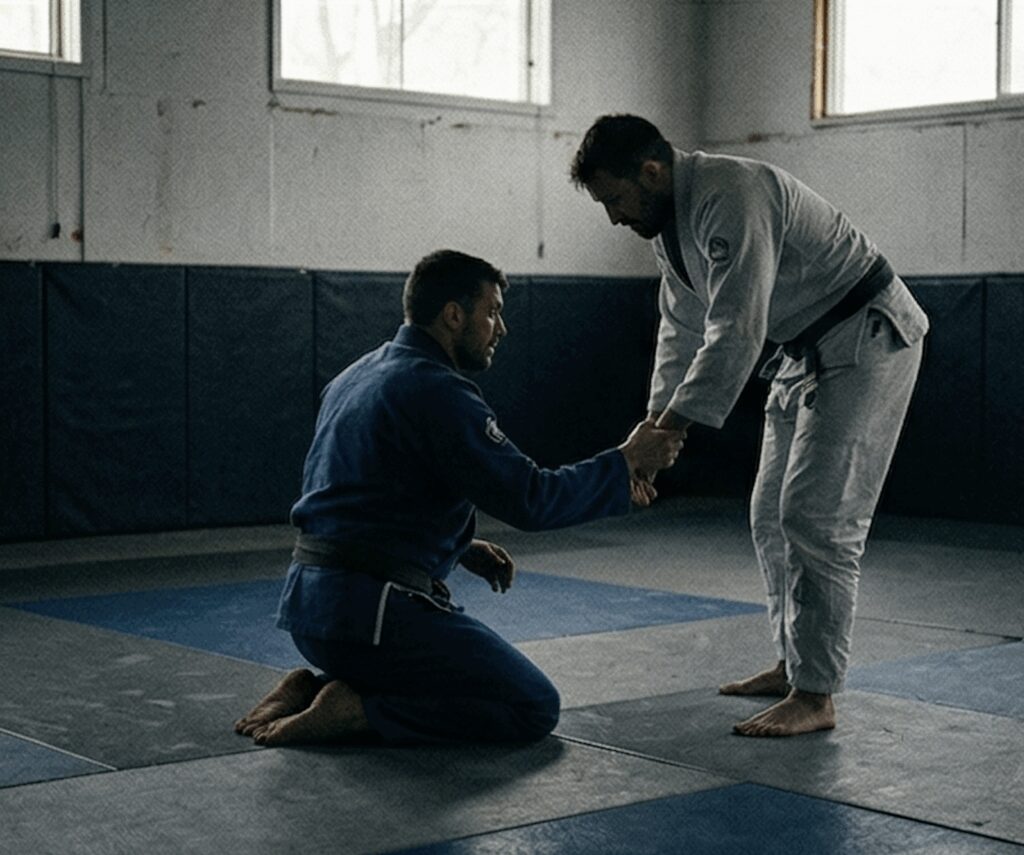 Twee mannen op jiujitsumat — leren door vallen en opstaan