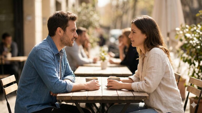 man en vrouw op eerste date in cafe