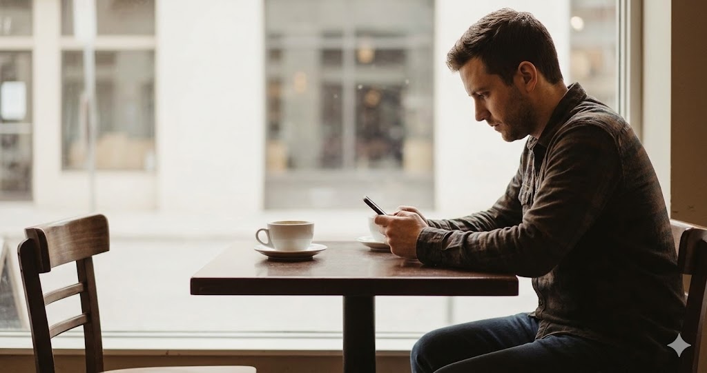 man wacht alleen in cafe op vrouw friendzone