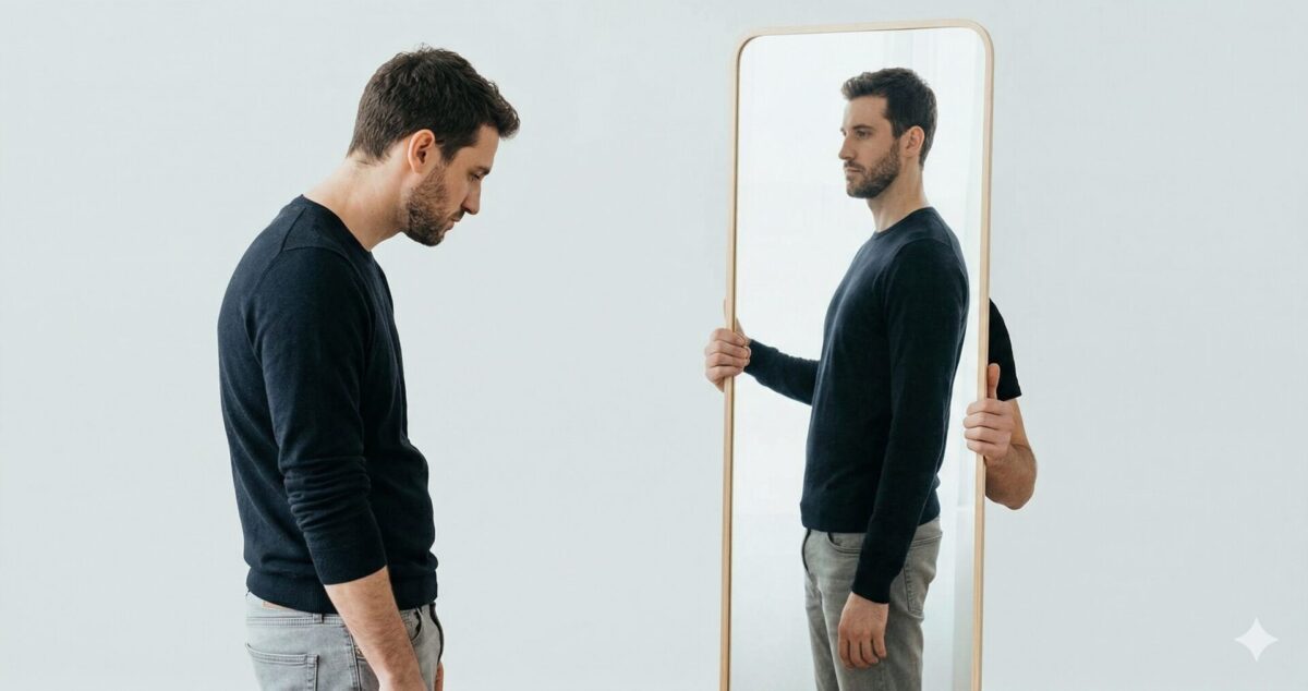 man kijkt eerlijk naar zichzelf in spiegel friendzone