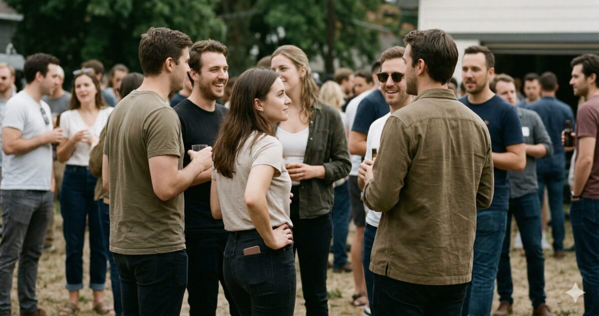 vrouw draait lichaam naar man toe in sociale setting