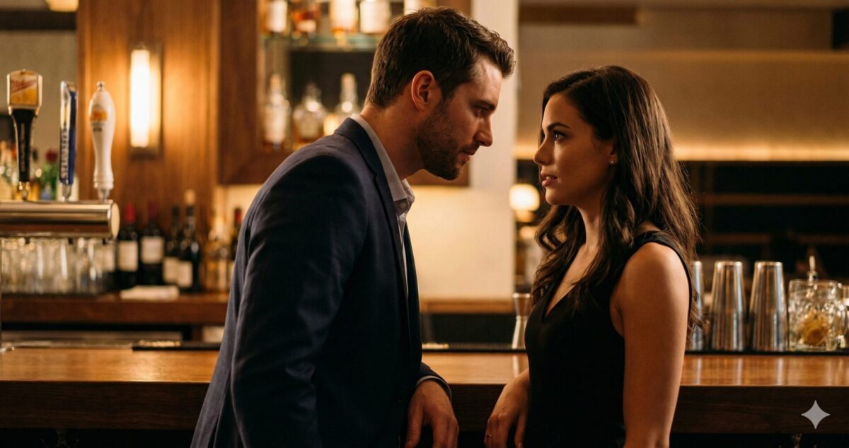 spanning en aantrekkingskracht tussen man en vrouw aan bar