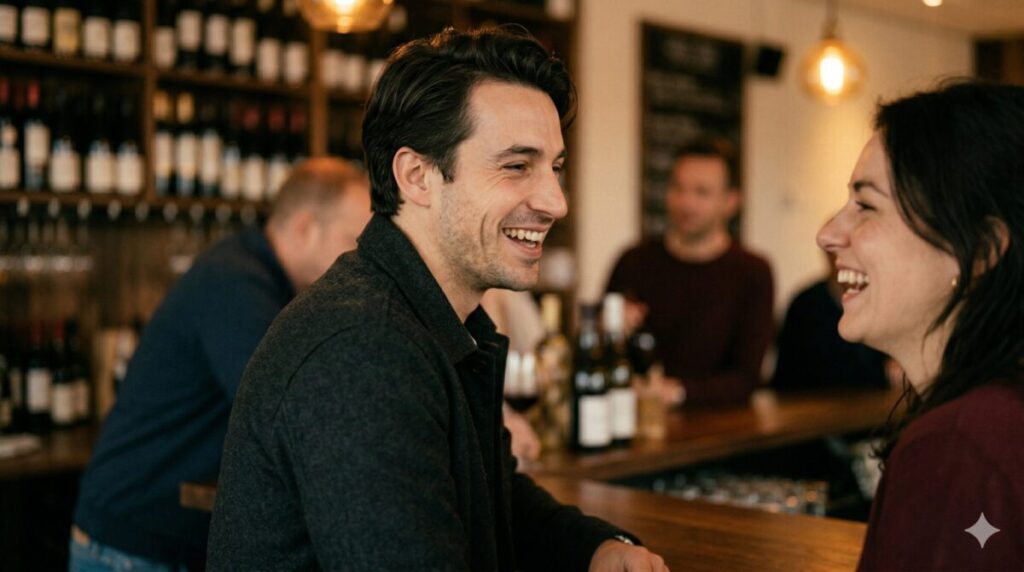 Man en vrouw in natuurlijk gesprek in wijnbar