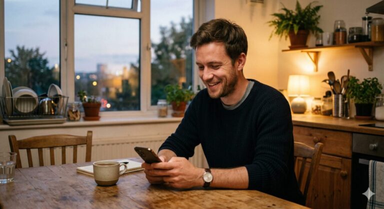 man kijkt blij naar telefoon door leuke openingszin