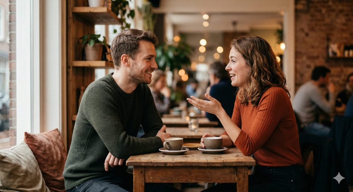 Man en vrouw in ontspannen gesprek in een café