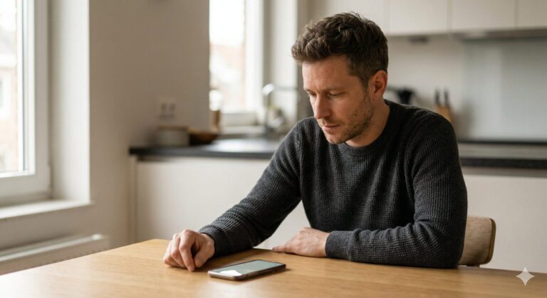 Man kijkt peinzend naar zijn telefoon terwijl hij wacht op een bericht dat niet komt