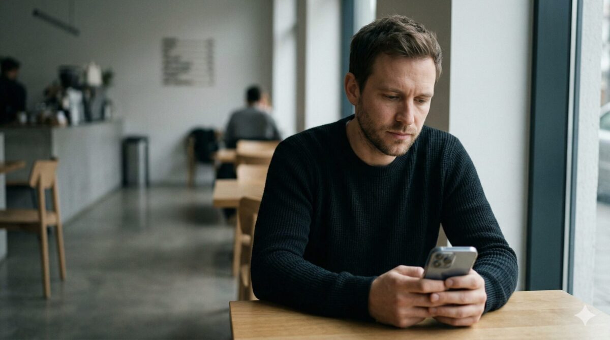 Man zit alleen in een modern café en kijkt nadenkend naar zijn telefoon in een dating-app context