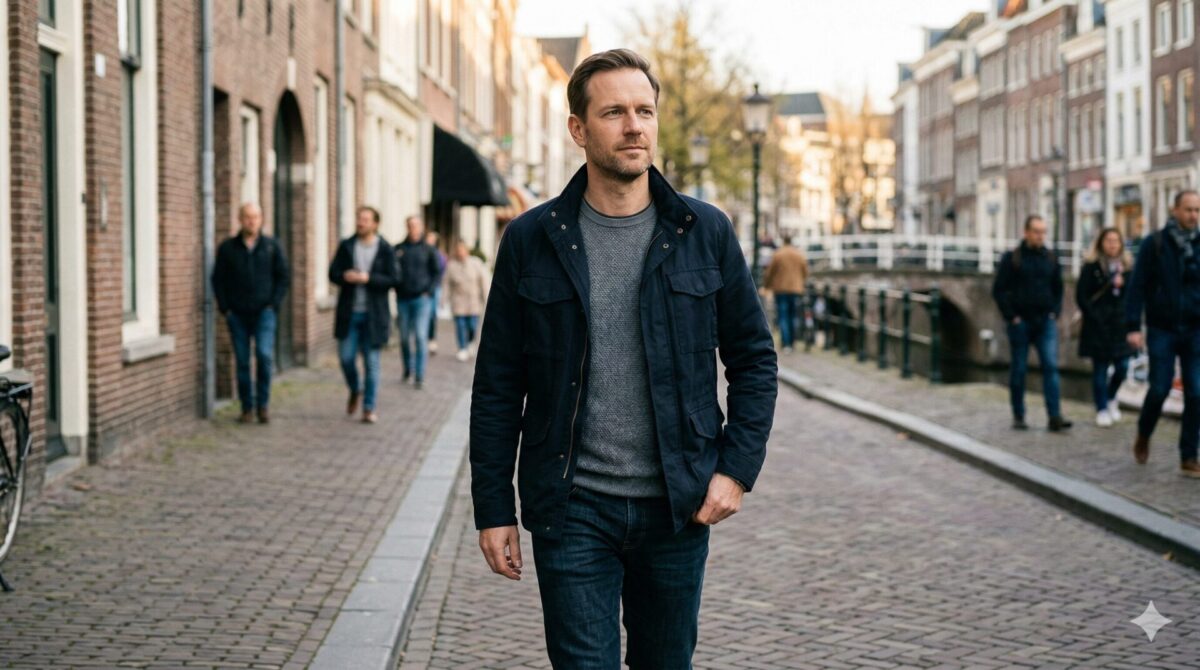Volwassen man loopt met energie door een stad, nieuw begin
