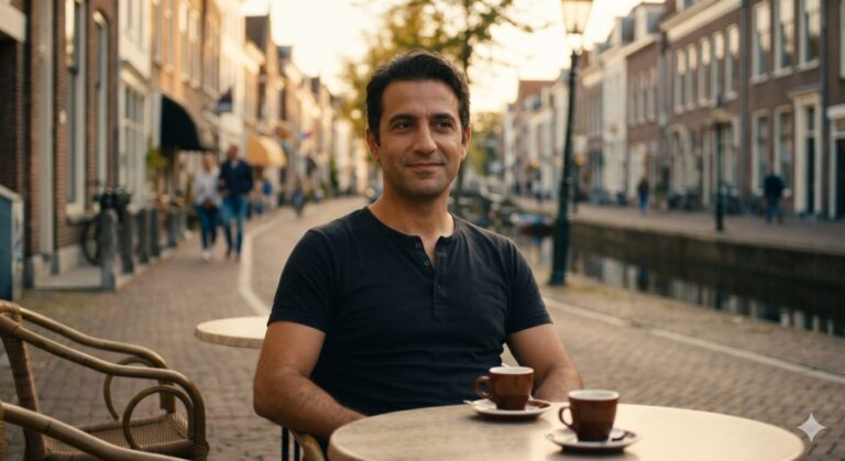 Man zit ontspannen aan een klein koffieterras tijdens een eerste date