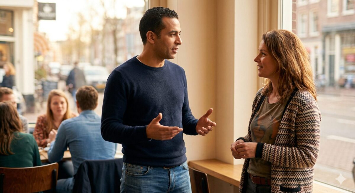 Man en vrouw in gesprek waarbij lichaamstaal duidelijk zichtbaar is