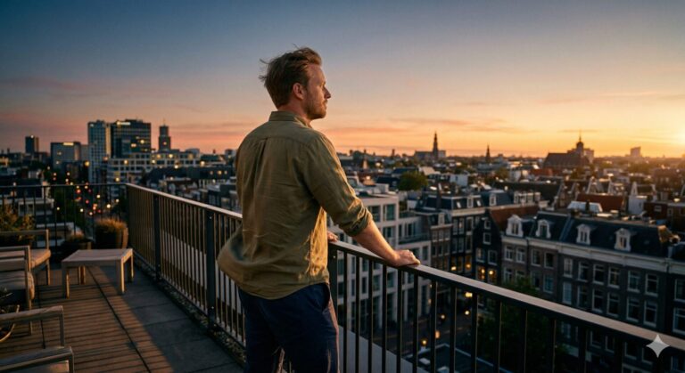 Man staat rustig op dakterras bij zonsopgang