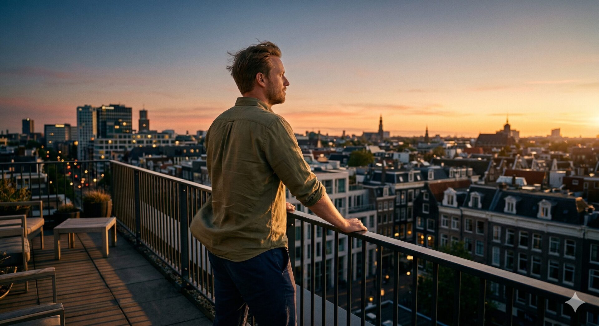 Man staat rustig op dakterras bij zonsopgang