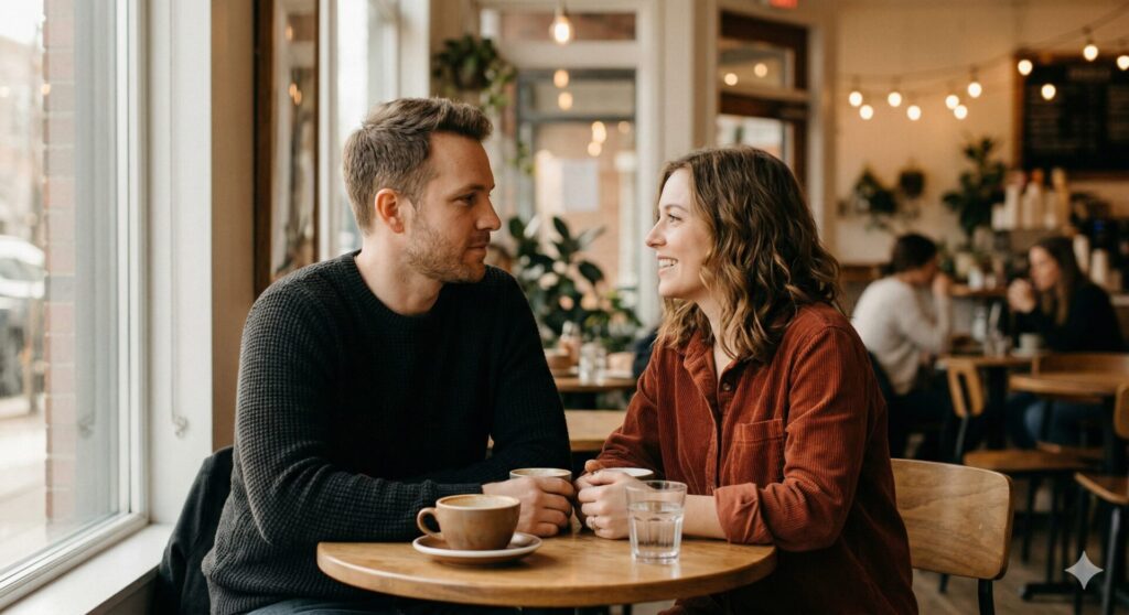 Man en vrouw maken oogcontact in rustige setting