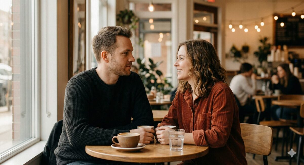 Man en vrouw maken oogcontact in rustige setting