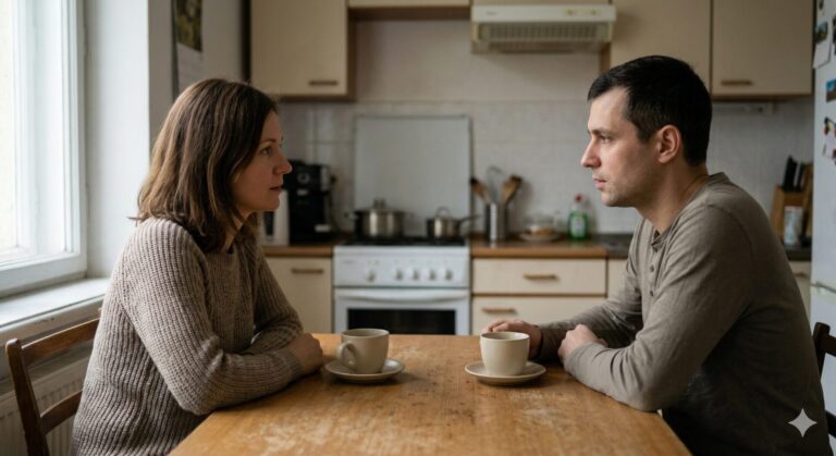 Man en vrouw in serieus gesprek aan keukentafel over hun relatie