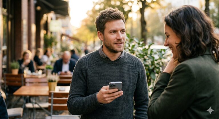 Man pakt ontspannen zijn telefoon tijdens gesprek