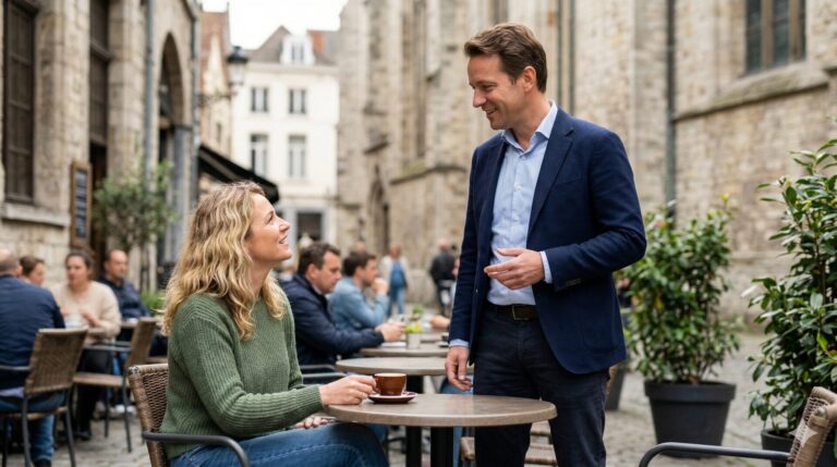 man spreekt vrouw aan op een terras op een ontspannen manier