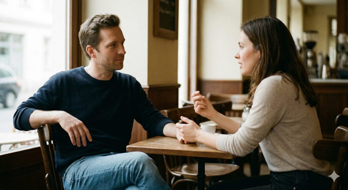 Man en vrouw in een ontspannen gesprek waarbij hij rustig oogcontact houdt en afgestemd is op haar