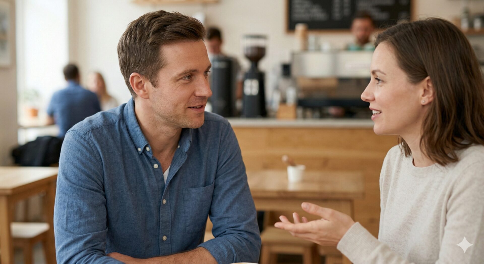 Man en vrouw in spontaan gesprek in een koffiezaak waarbij hij ontspannen en betrokken overkomt