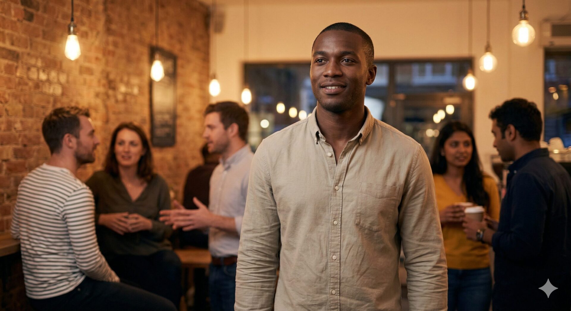 Man loopt rustig een café binnen — zelfverzekerd overkomen begint bij hoe je binnenkomt