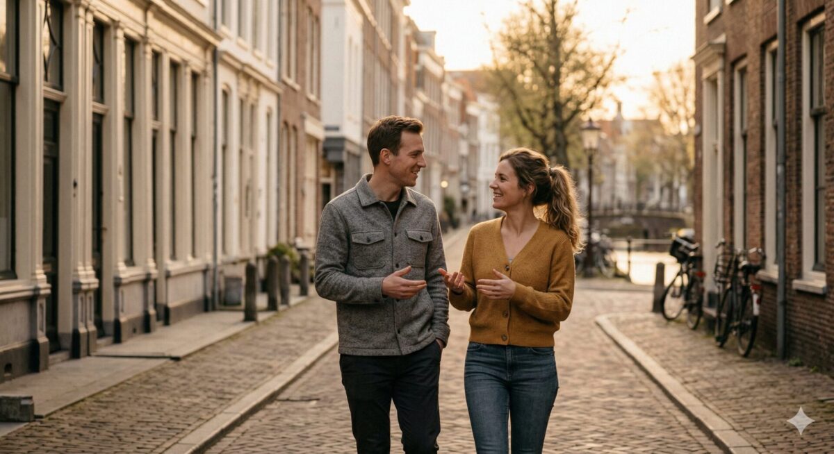 Twee mensen in natuurlijk gesprek aan een bar