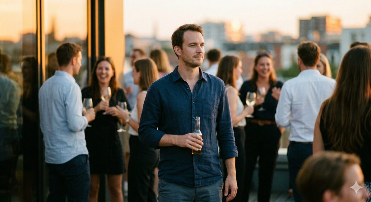 Man alleen in sociale setting — even stilstaan zonder instorten