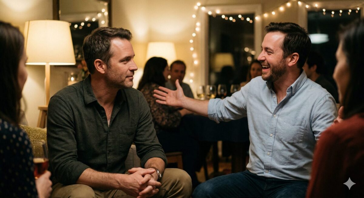 Man die rustig en zelfverzekerd in een gesprek zit zonder te bewijzen