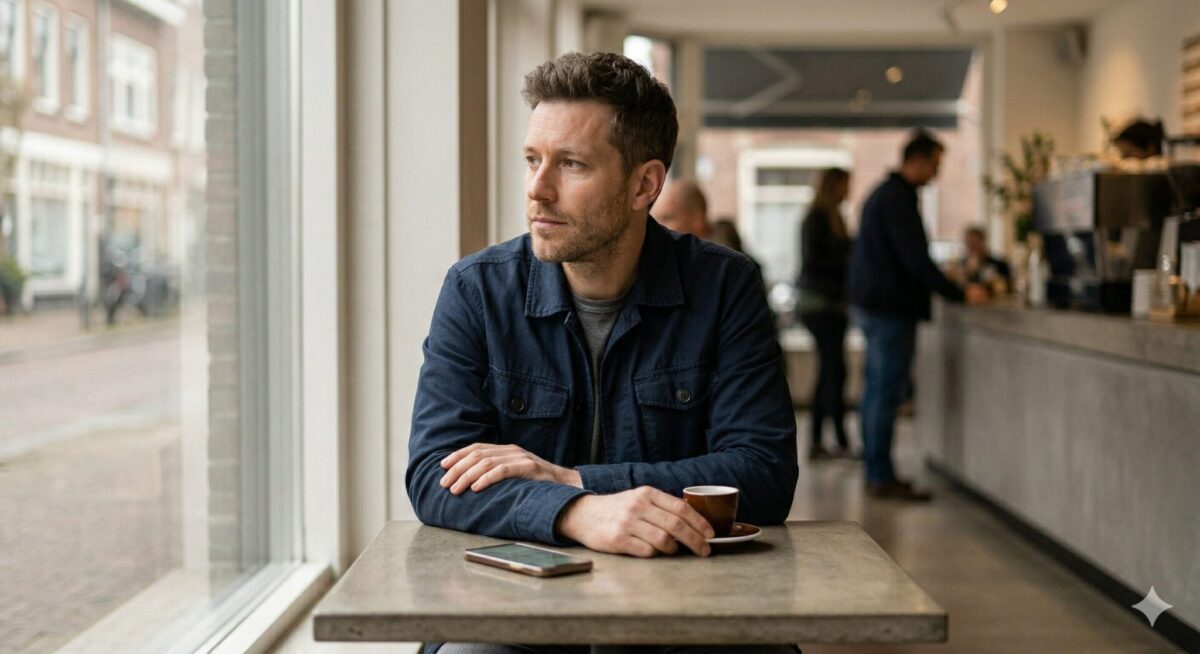 Man zit alleen aan een cafetafel en kijkt afwezig voor zich uit, telefoon op tafel