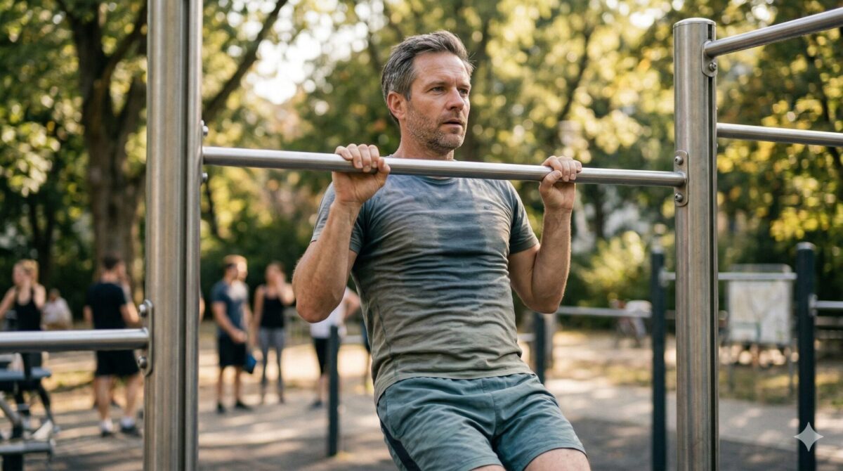 Man van middelbare leeftijd traint in de sportschool, fysieke herpakking