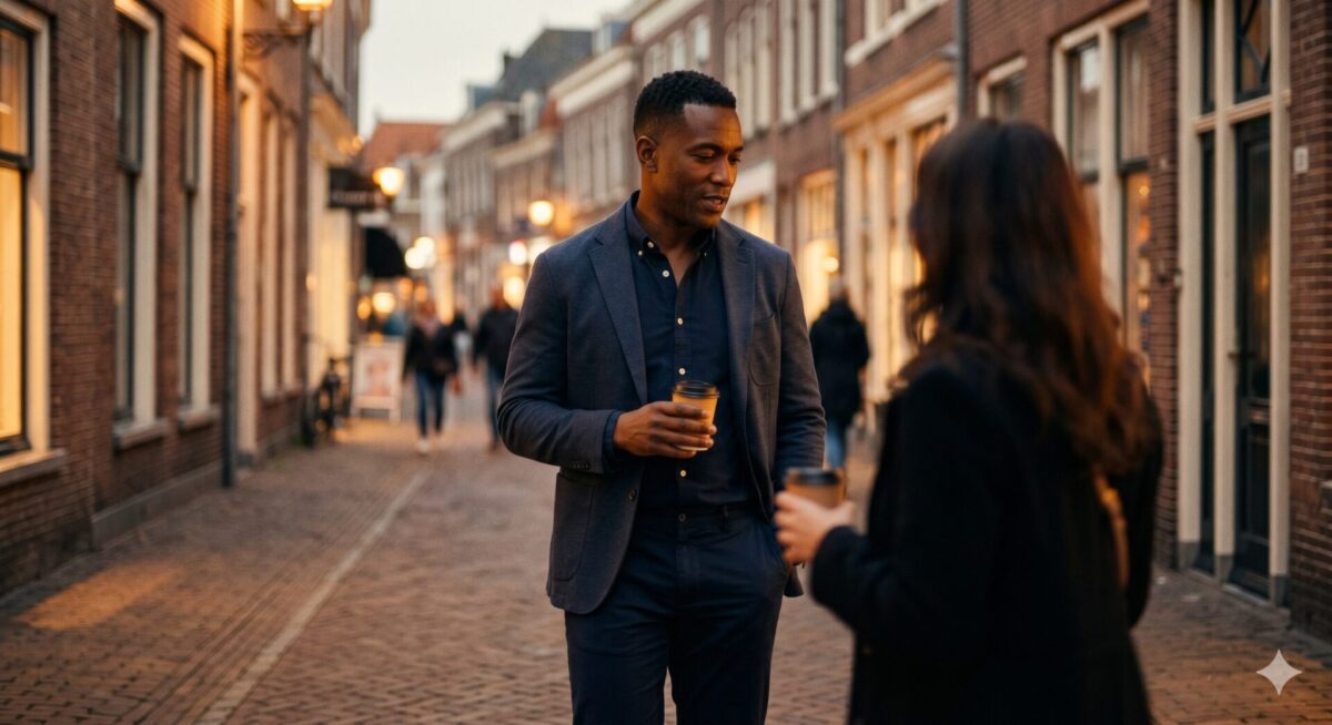 Man en vrouw lopen ontspannen door een verlichte straat tijdens een eerste date