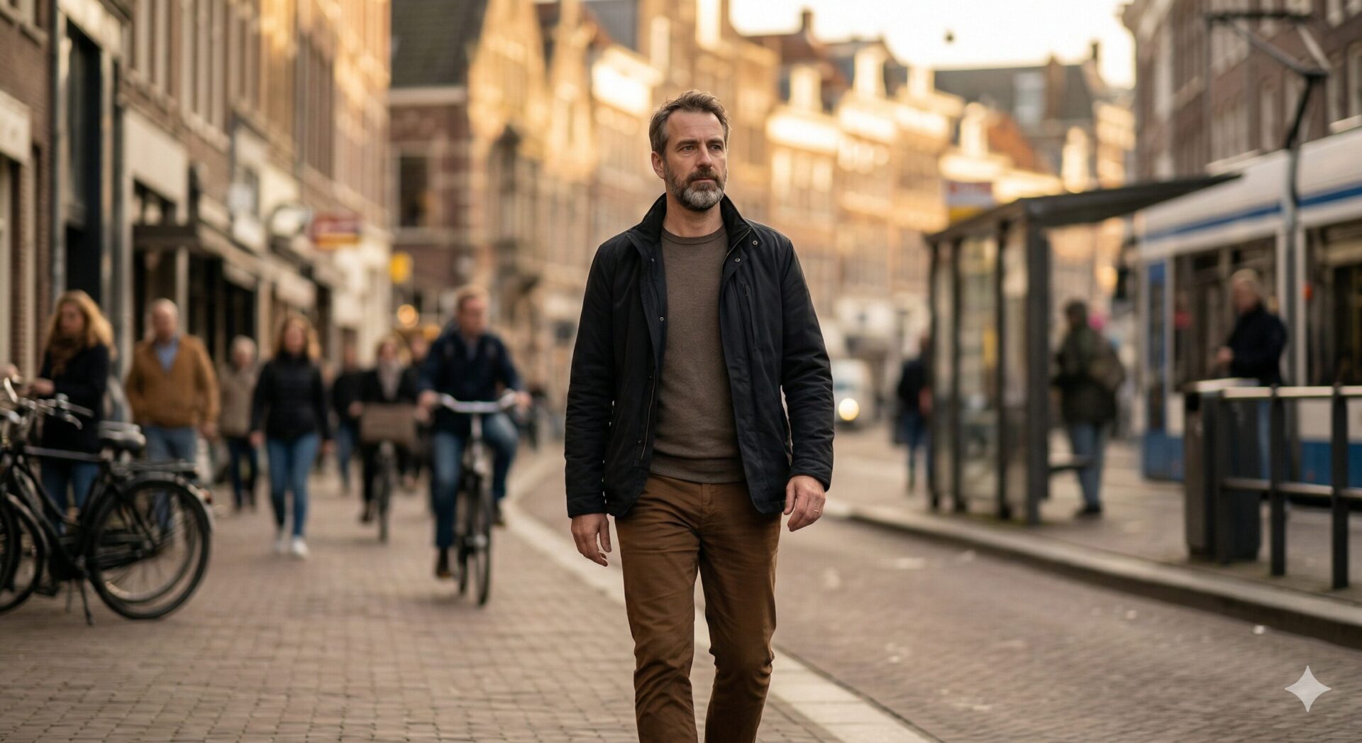 Man loopt met richting door de stad — stevigheid zonder hardheid