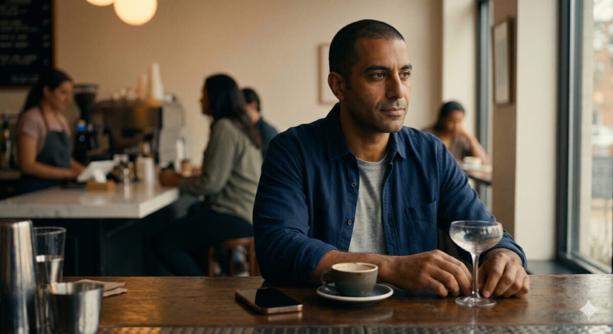 Man legt zijn telefoon bewust weg op tafel en kijkt voor zich uit