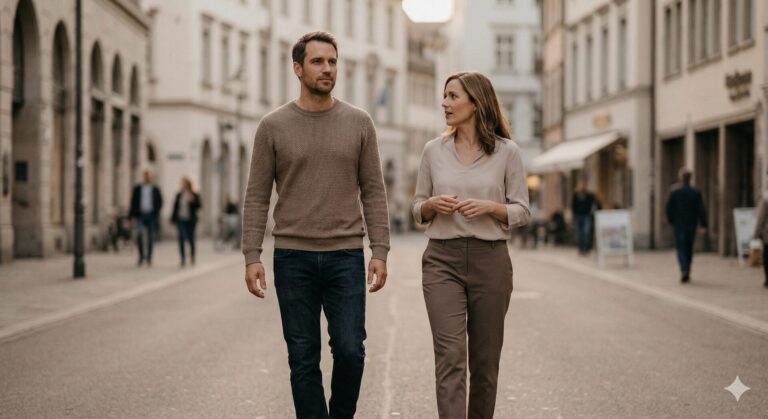 Goede relatie: een man die vanuit rust en bewuste keuze naast zijn partner staat
