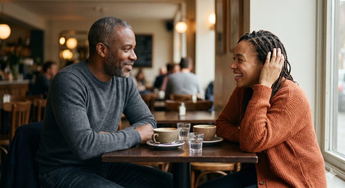 Man en vrouw in een levendig gesprek op een terras