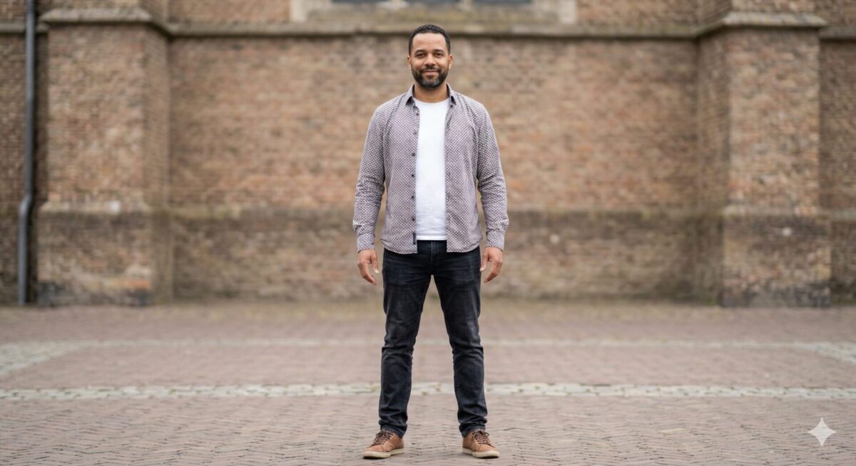 Man met zelfverzekerde open houding die ruimte inneemt