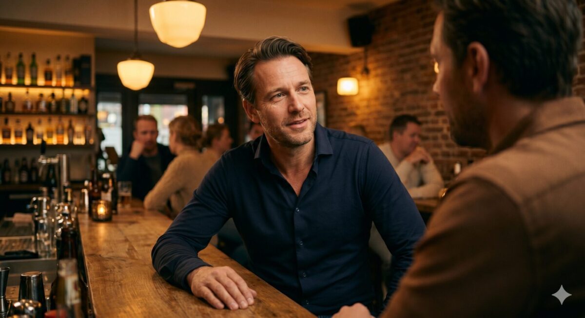 Ontspannen man van begin veertig in gesprek aan een bar met warme verlichting