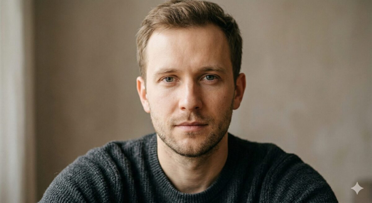 Close-up van een man die rustig en open voor zich uit kijkt