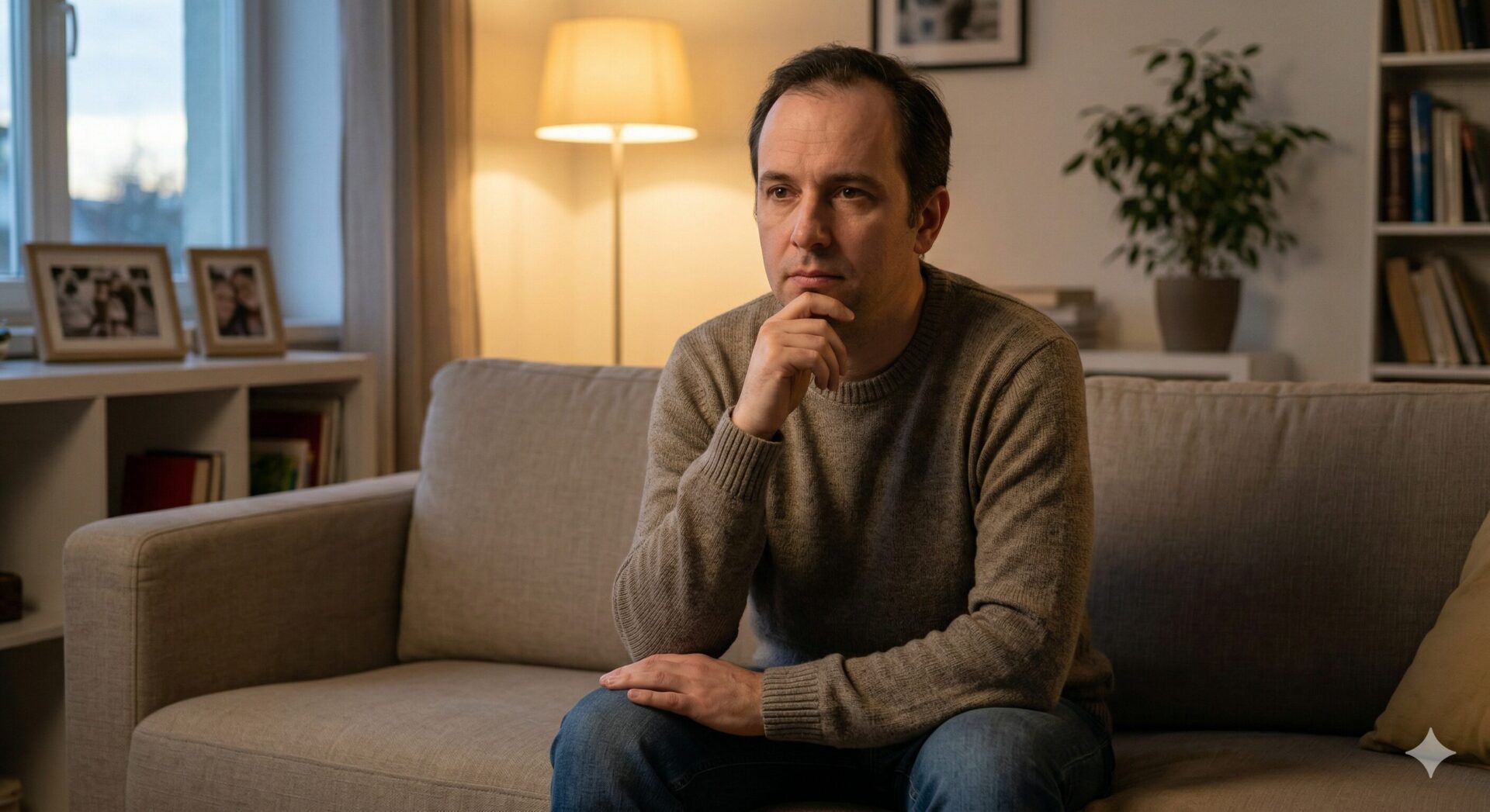 Man zit alleen op de bank en denkt na over een moeilijk relatiegesprek