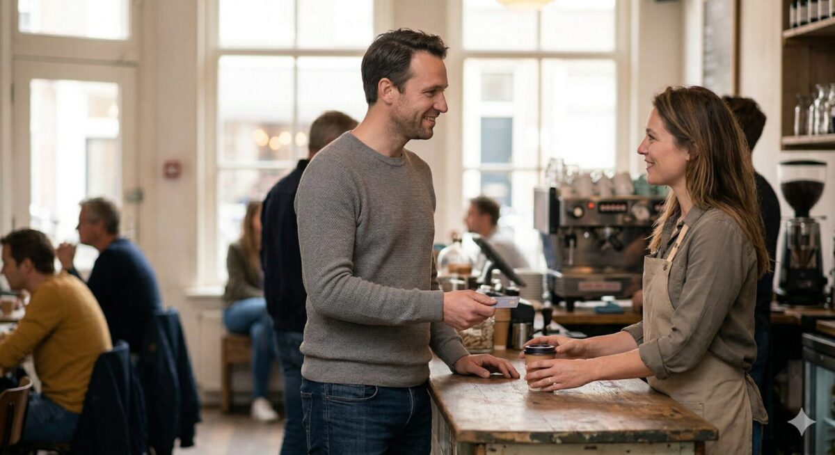 Man in kort alledaags contact bij een koffiezaak zonder spanning of druk