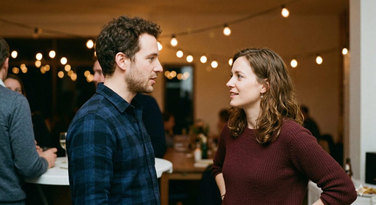 Man en vrouw staan dicht bij elkaar in ontspannen gesprek