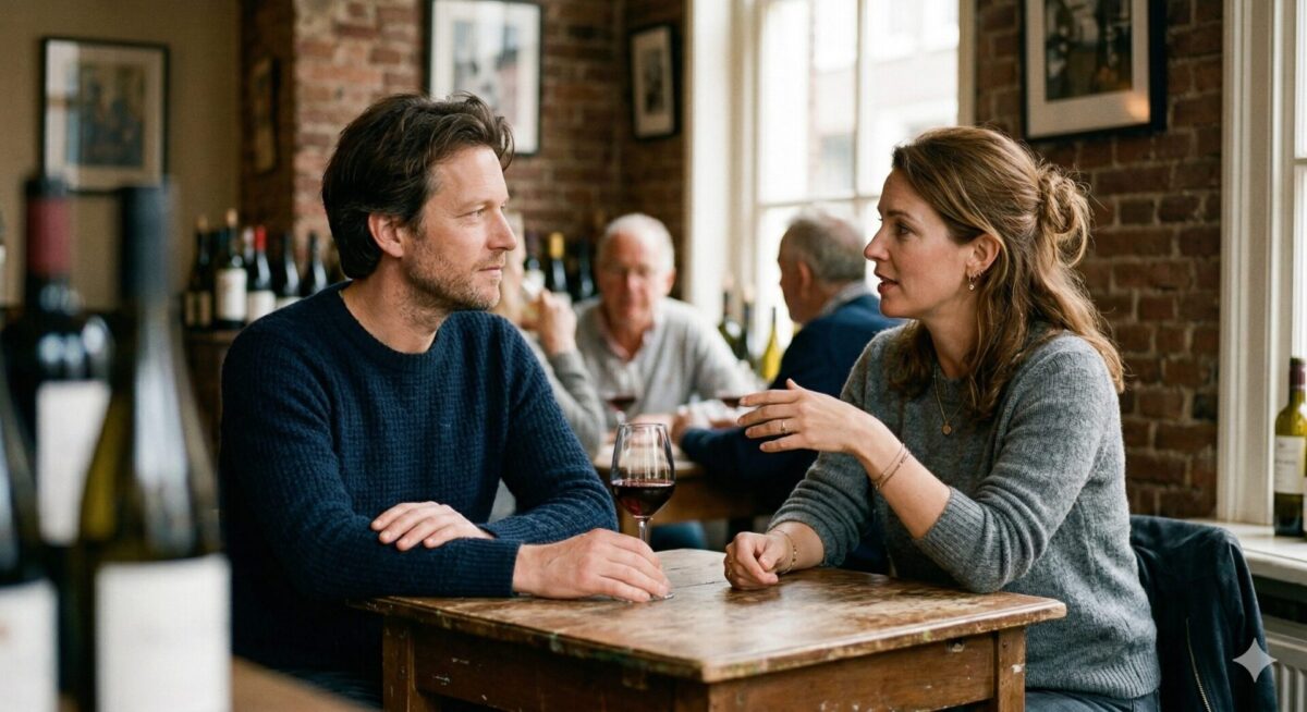 Man en vrouw in gesprek tijdens een ontspannen ontmoeting
