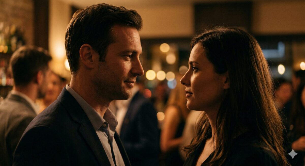 Man en vrouw dicht bij elkaar in gesprek met subtiele spanning en oogcontact