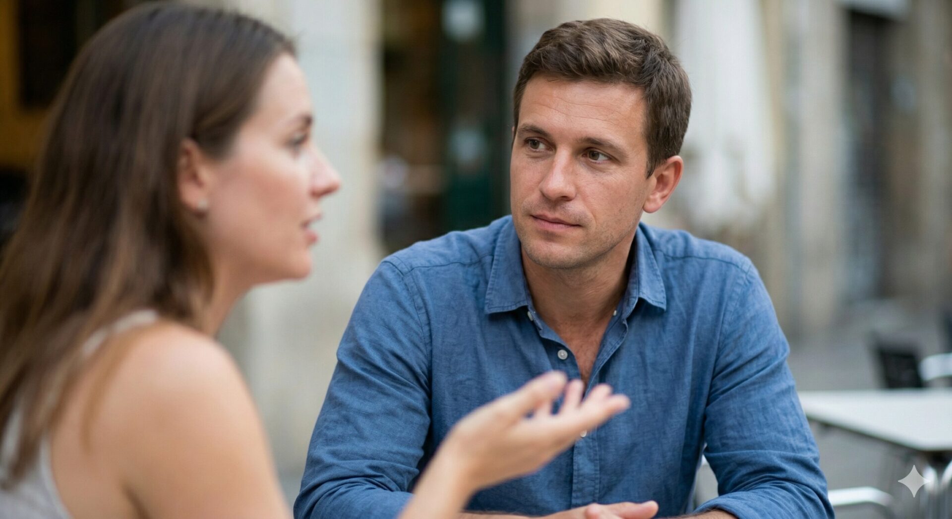 Man luistert aandachtig naar een vrouw en reageert op wat ze vertelt