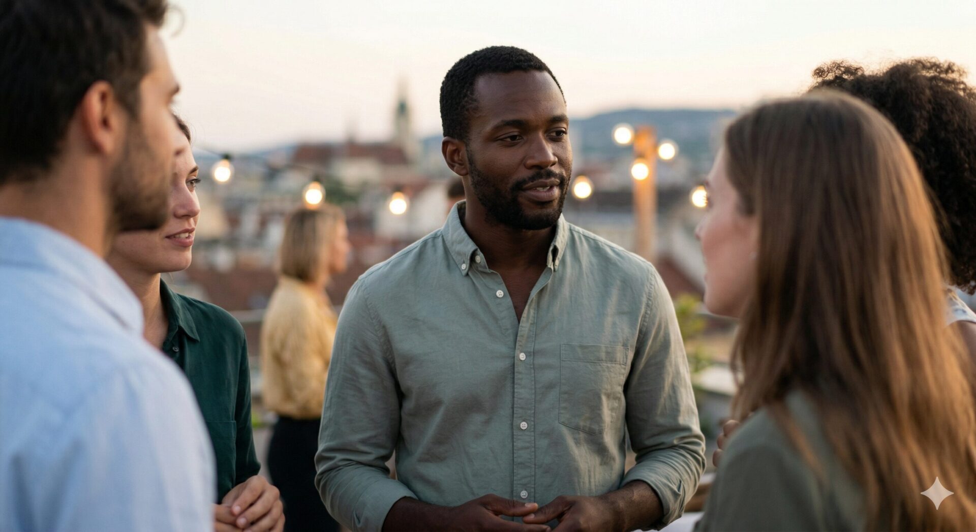 Man in ontspannen groepsgesprek — sociale vrijheid zonder performance