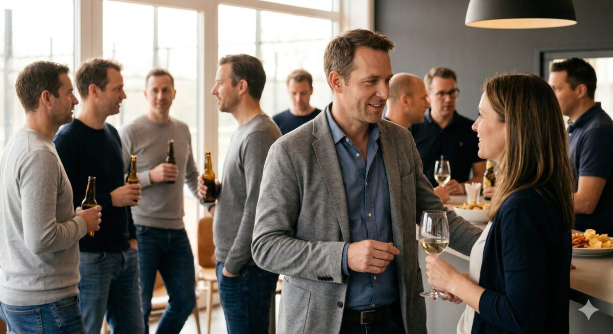 man is op een sociale bijeenkomst en maakt makkelijk contact met vrouwen