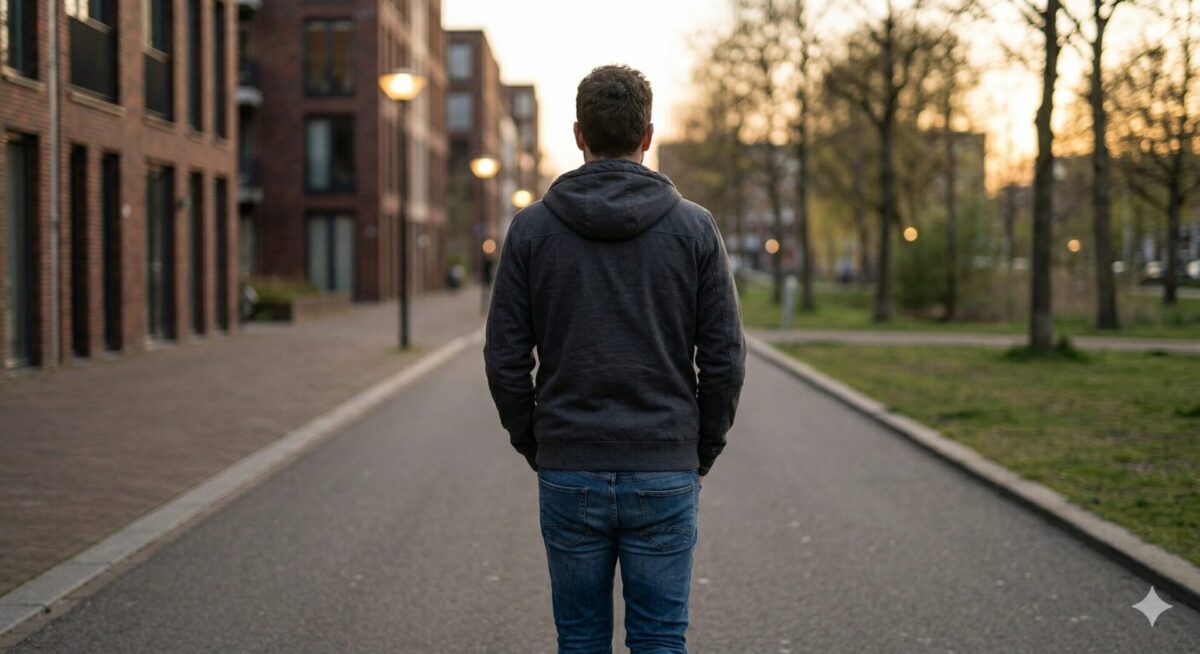 Man loopt kalm weg over een rustig stedelijk pad, rug naar de camera, ontspannen houding