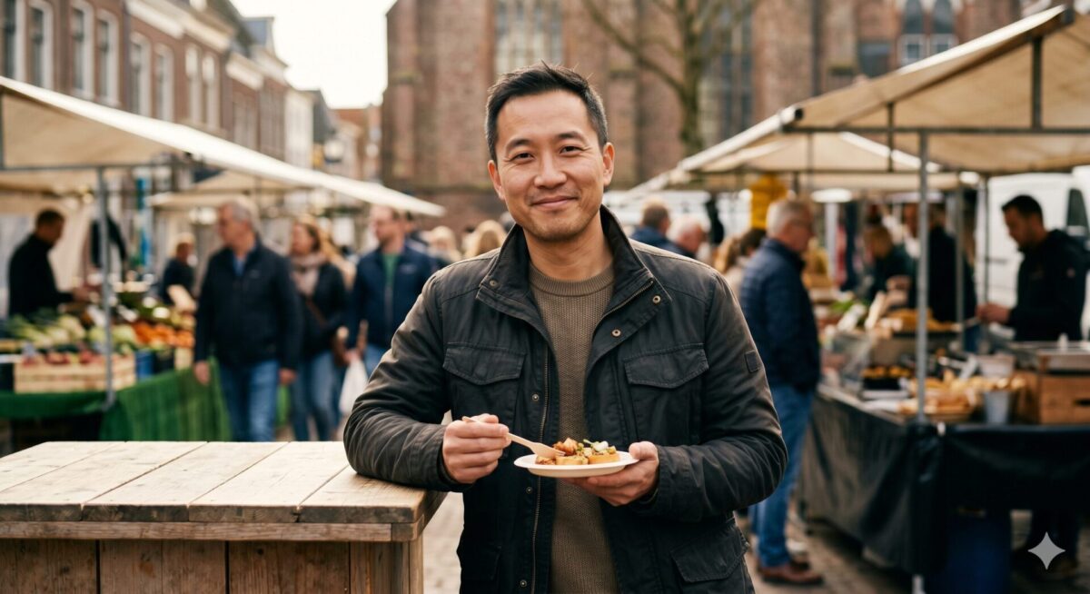 Man staat ontspannen bij een foodmarktkraam met een bordje eten
